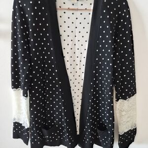 BEYOND VINTAGE NWOT Polka Dot Open Front Cardigan With LACE detail